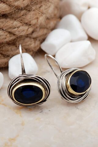 Safir Taşlı Tel Sarma Elişi Gümüş Küpe 5604