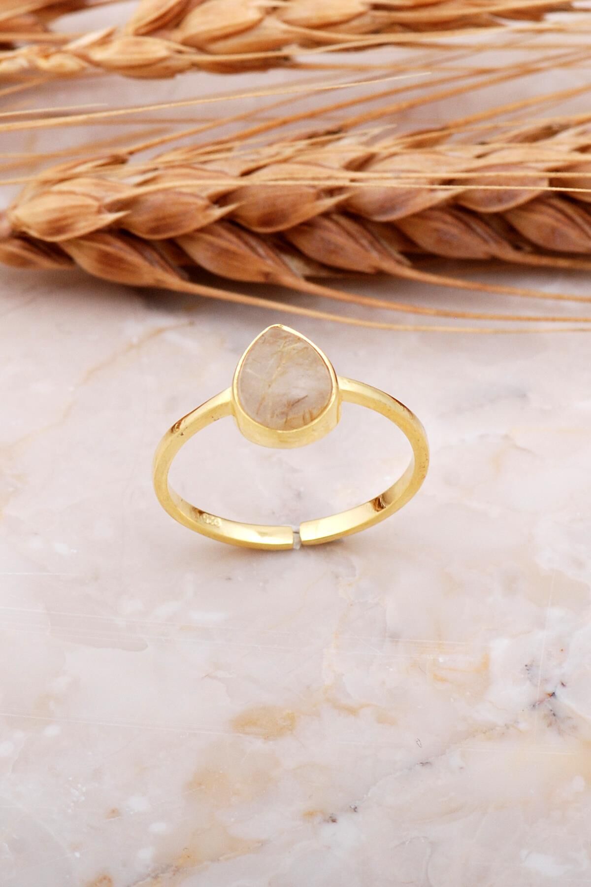 Sarı Rutil Kuvars Taşlı Damla Altın Yaldızlı Gümüş Yüzük 3680