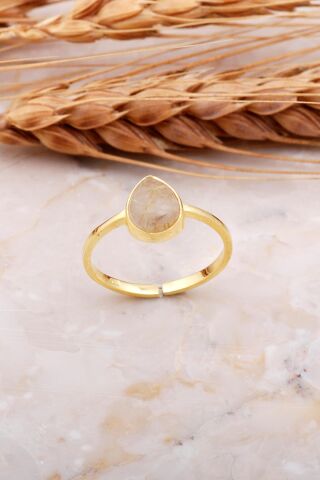 Sarı Rutil Kuvars Taşlı Damla Altın Yaldızlı Gümüş Yüzük 3680