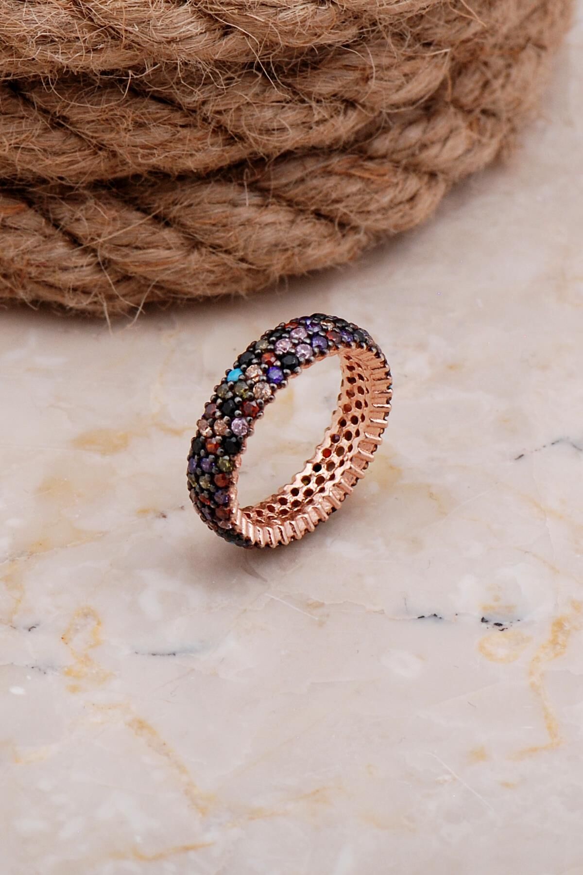 Tamtur Üç Sıra Mix Taşlı Rose Gümüş Yüzük 2655