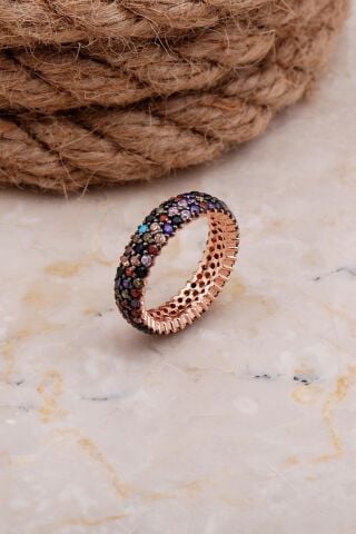 Tamtur Üç Sıra Mix Taşlı Rose Gümüş Yüzük 2655