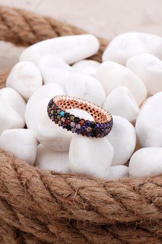 Tamtur Üç Sıra Mix Taşlı Rose Gümüş Yüzük 2655