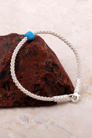 Turkuaz Cam Küp Kazaziye İşlemeli Gümüş Bileklik 3764