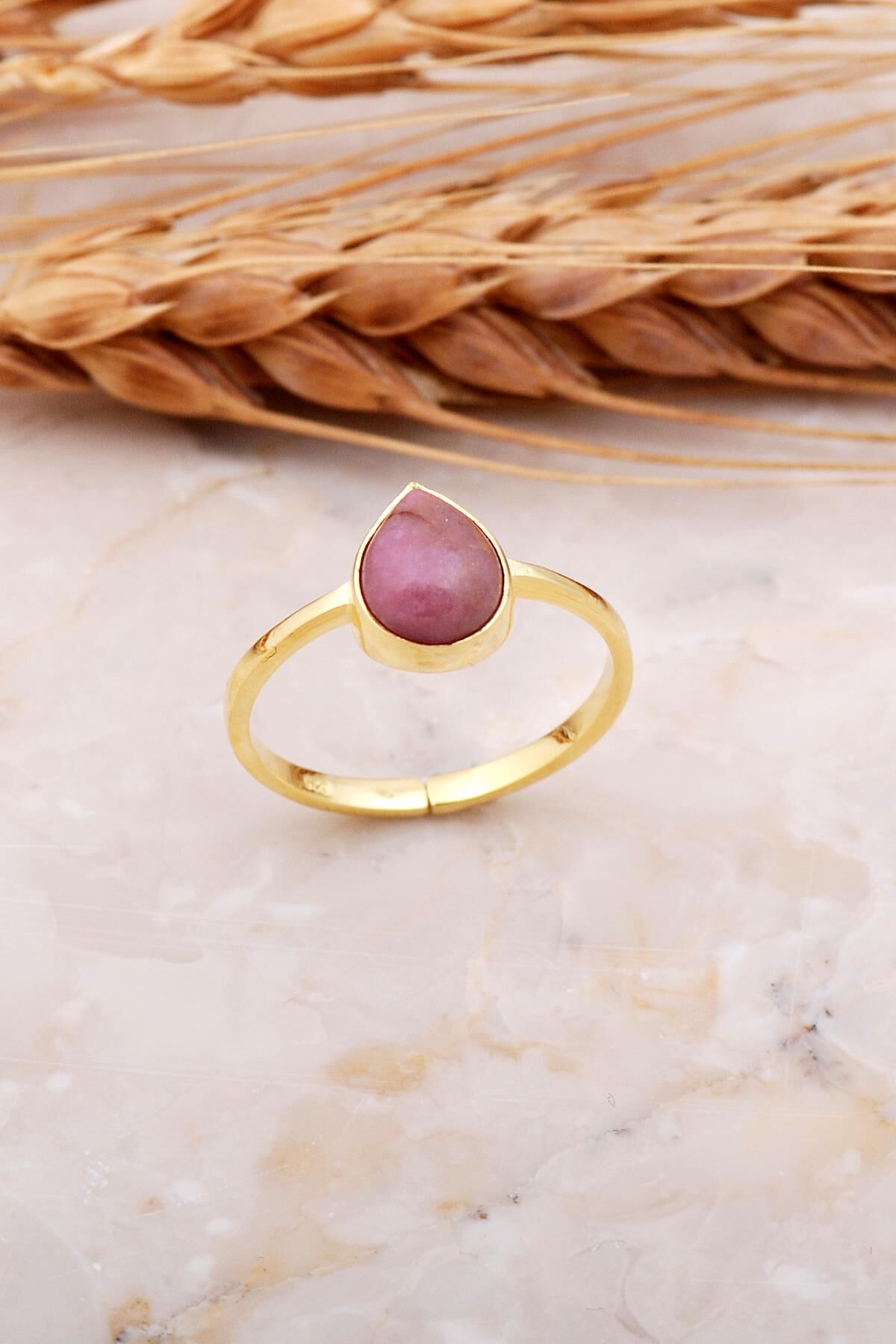 Rodonit Taşlı Damla Altın Yaldızlı Gümüş Yüzük 3683