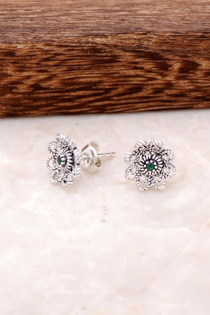 Kök Zümrüt Gümüş Telkari Küpe 4047