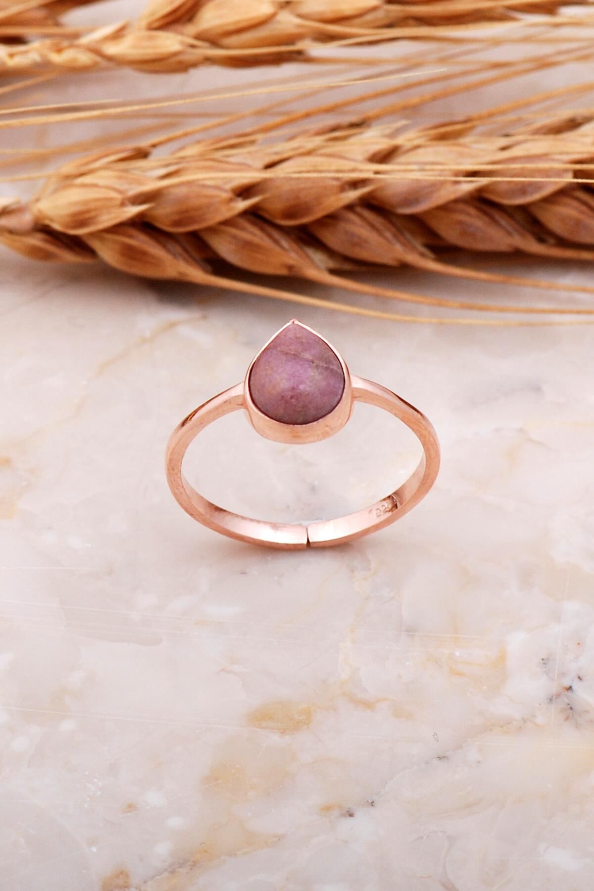 Rodonit Taşlı Damla Rose Gümüş Yüzük 3684