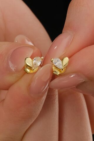 Taşlı Kalp Altın Kaplama Mini Gümüş Küpe 7391