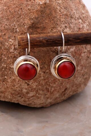 Mercan Taşlı Tel Sarma Elişi Gümüş Küpe 5612