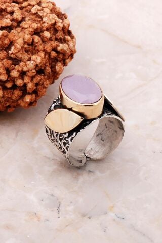 Pembe Kuvars Taşlı Elişi Tasarım Gümüş Yüzük 3114