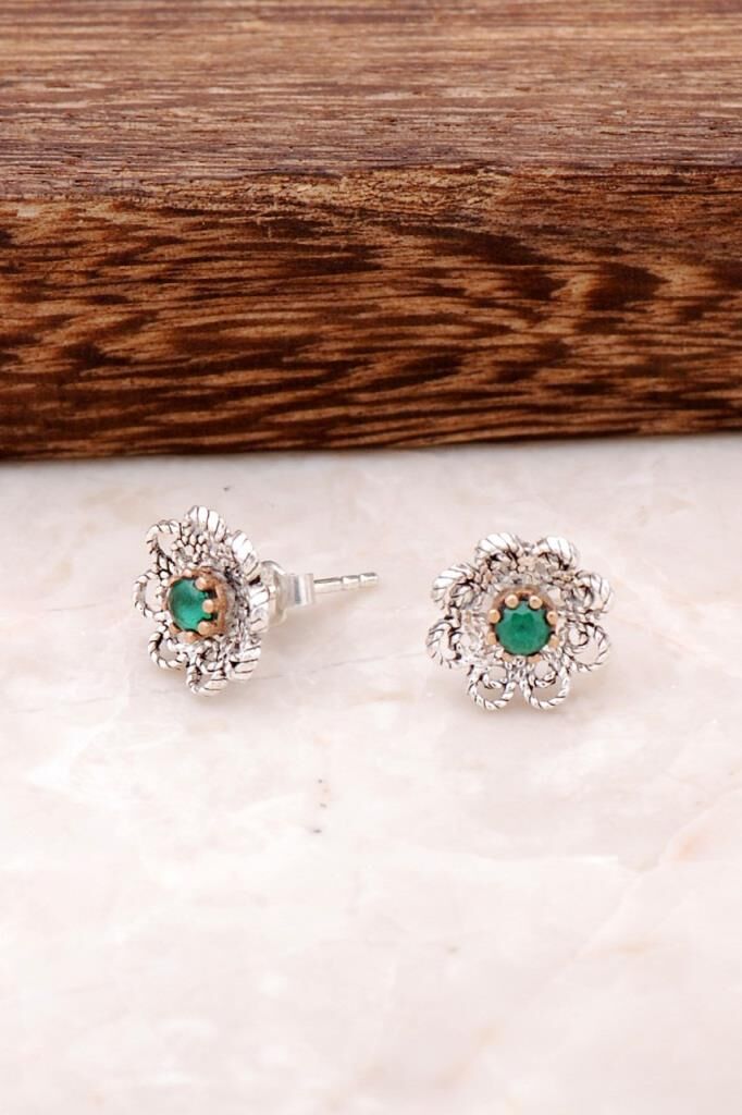 Kök Zümrüt Taşlı Gümüş Telkari Küpe 2499