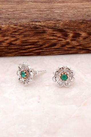 Kök Zümrüt Taşlı Gümüş Telkari Küpe 2499