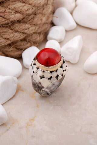 Mercan Taşlı Pullu Elişi Gümüş Yüüzk 3279