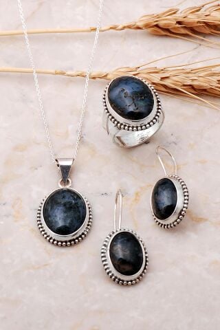 Yosun Akik Taşlı Tasarım Elişi Gümüş Set 1926