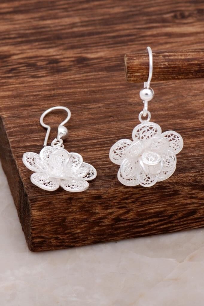 Telkari Çiçek Tasarım Gümüş Küpe 4637