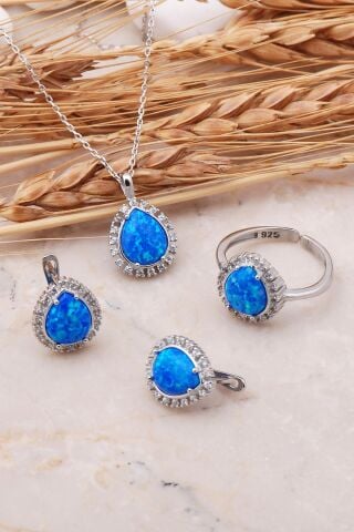 Opal Taşlı Damla Gümüş Üçlü Set 2417