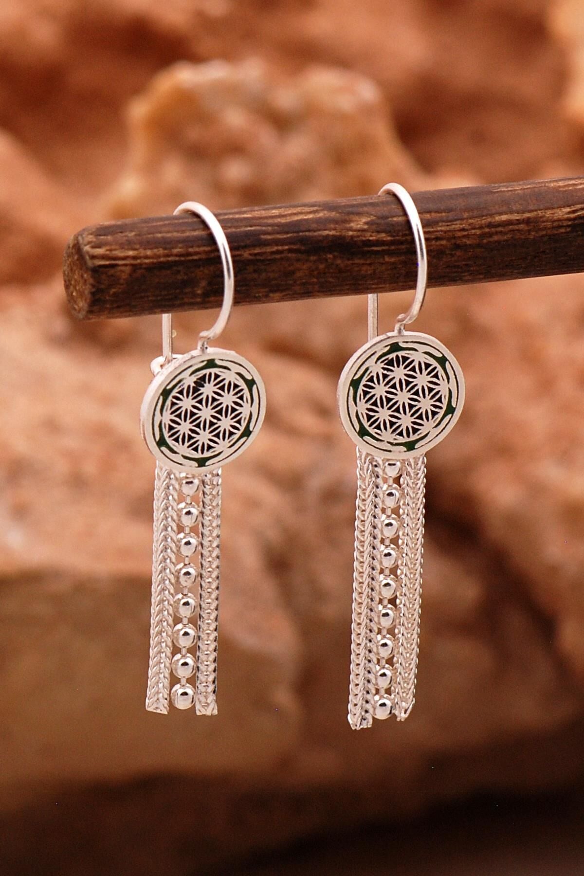 Yaşam Çiçeği Elişi Mineli Hasır Gümüş Küpe 6135