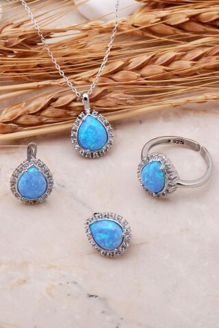Opal Taşlı  Damla Gümüş Üçlü Set 2418