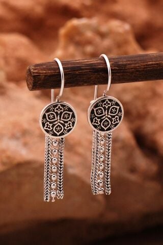 Anadolu Motifli Elişi Oksitli Hasır Gümüş Küpe 6137