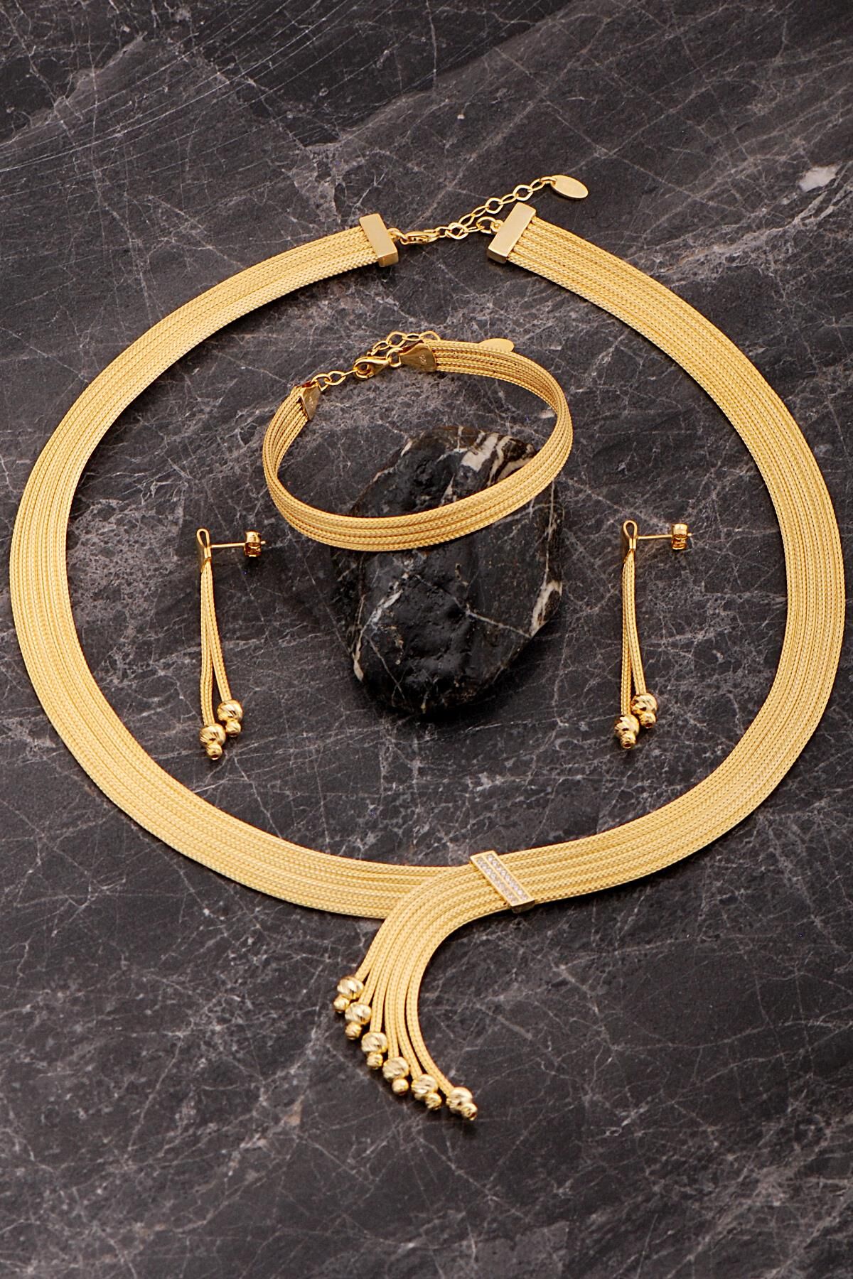 Hasır Dorika Altın Kaplama Tasarım Elişi 925 Ayar Gümüş Set 2848