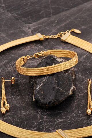 Hasır Dorika Altın Kaplama Tasarım Elişi 925 Ayar Gümüş Set 2848