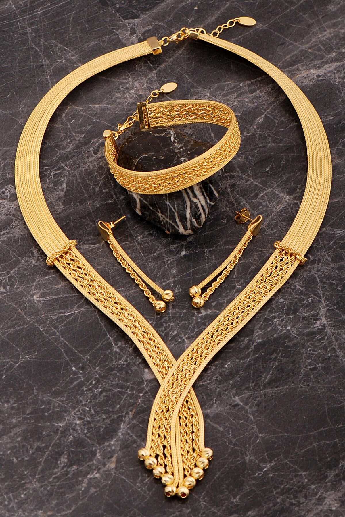 Hasır Dorissa Halat Model Altın Kaplama Elişi Gümüş Set 2849