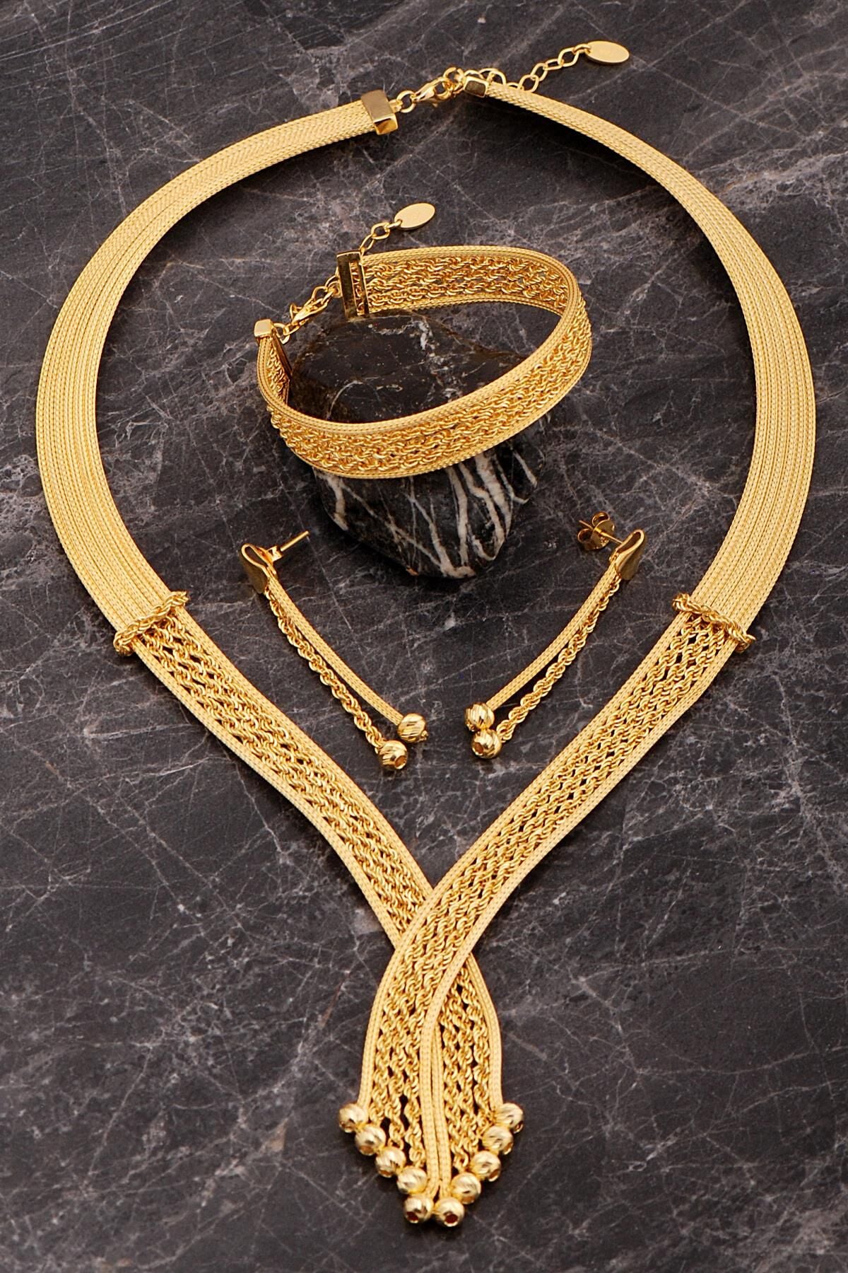Hasır Dorika Halat Model Altın Kaplama Elişi 925 Ayar Gümüş Set 2849