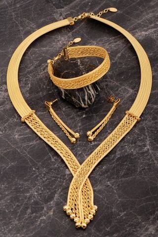 Hasır Dorissa Halat Model Altın Kaplama Elişi Gümüş Set 2849