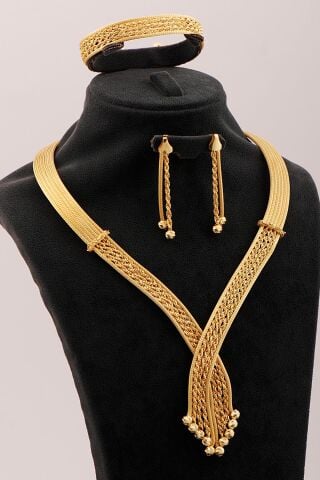 Hasır Dorika Halat Model Altın Kaplama Elişi 925 Ayar Gümüş Set 2849