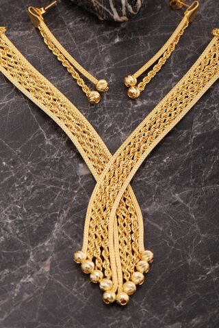 Hasır Dorissa Halat Model Altın Kaplama Elişi Gümüş Set 2849