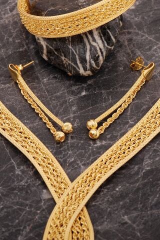 Hasır Dorissa Halat Model Altın Kaplama Elişi Gümüş Set 2849