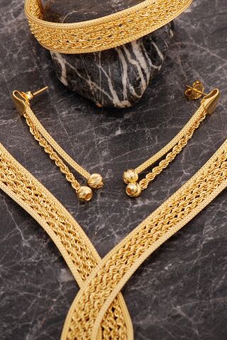 Hasır Dorika Halat Model Altın Kaplama Elişi 925 Ayar Gümüş Set 2849