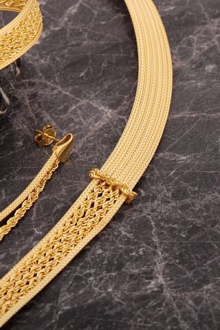 Hasır Dorissa Halat Model Altın Kaplama Elişi Gümüş Set 2849