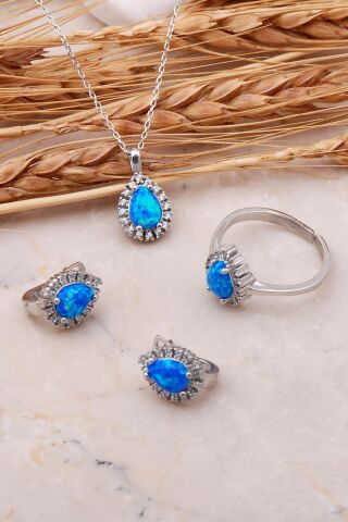 Opal Taşlı Damla Gümüş Üçlü Set 2421