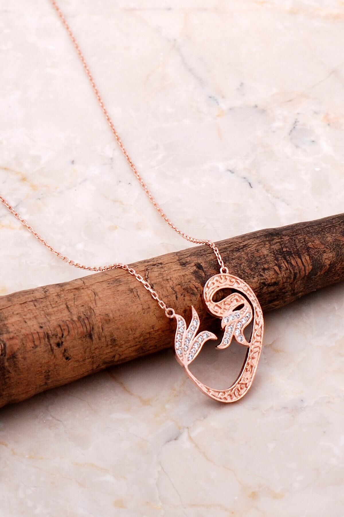 Vav Harfli Rose Gümüş Laleli Gümüş Kolye 6961