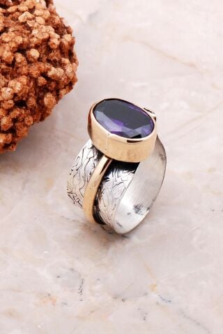 Ametist Taşlı Elişi Tasarım Gümüş Yüzük 3124