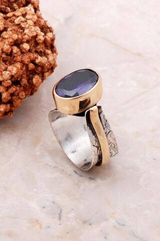 Ametist Taşlı Elişi Tasarım Gümüş Yüzük 3124