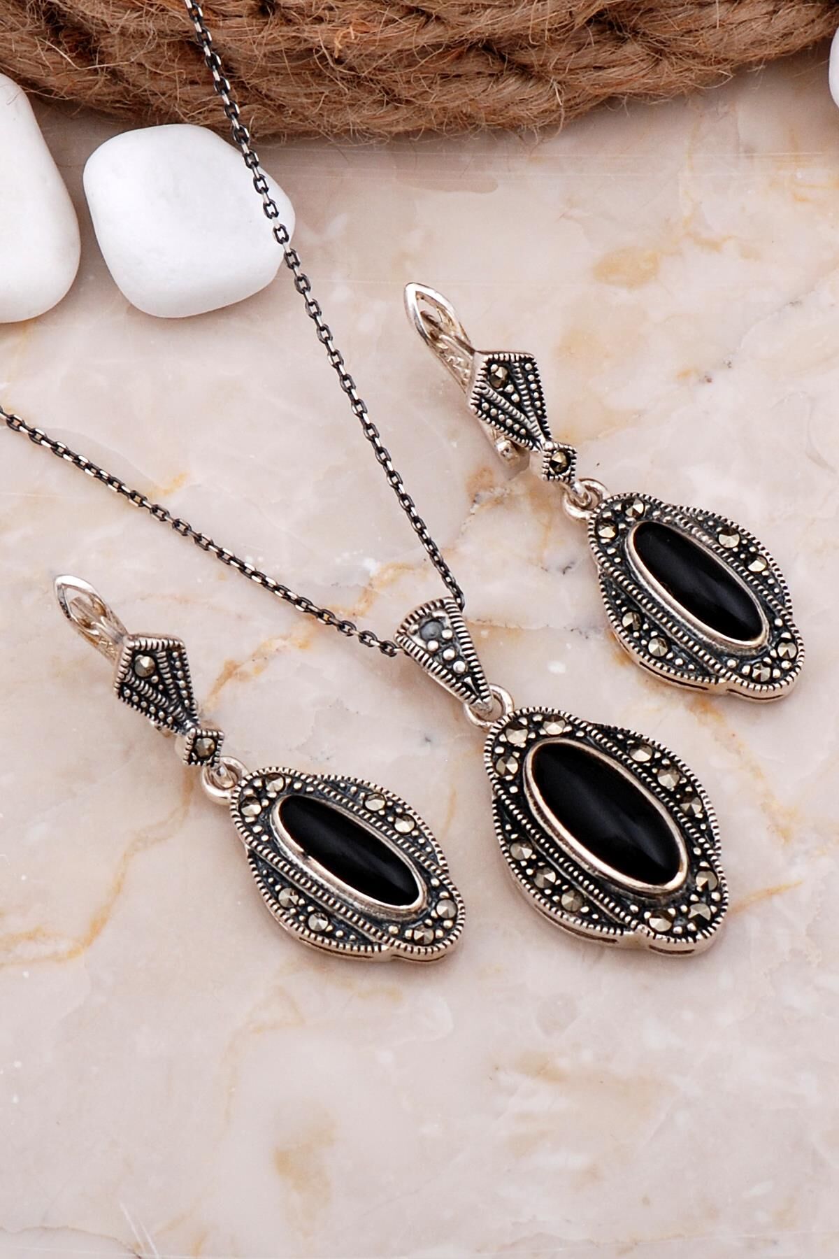 Markazit ve Oniks Taşlı Gümüş İkili Set 2601
