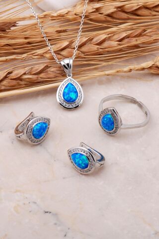 Opal Taşlı Damla Gümüş Üçlü Set 2423