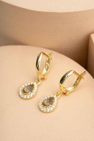 Renk Değiştiren Sultan Taşlı Altın Kaplama Damla Gümüş Küpe 6140