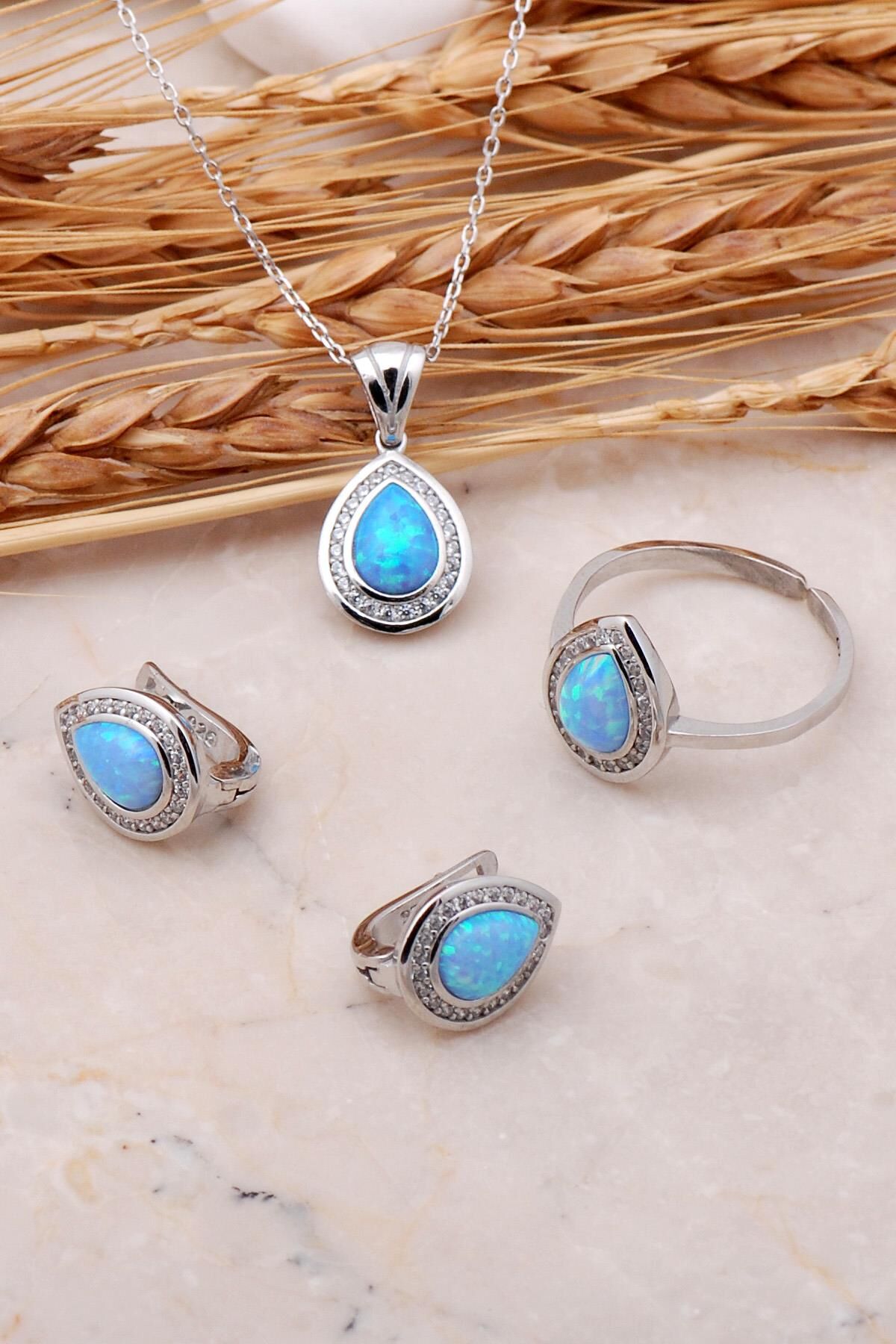 Opal Taşlı Damla Gümüş Üçlü Set 2424