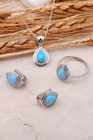 Opal Taşlı Damla Gümüş Üçlü Set 2424