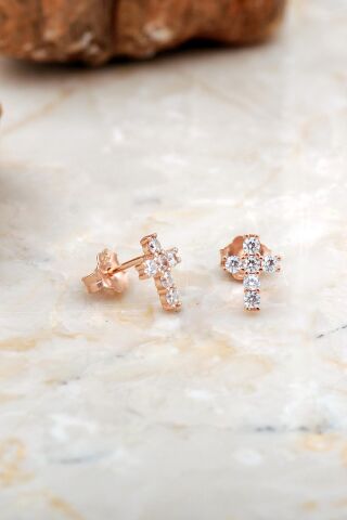 Haç Mini Rose Gümüş Küpe 6937