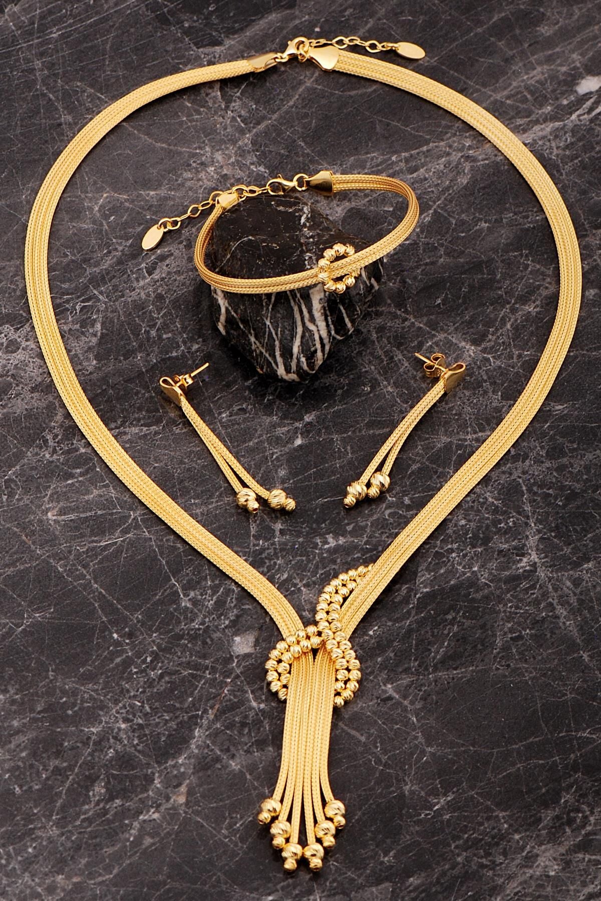 Hasır Dorika Altın Kaplama Tasarım Elişi 925 Ayar Gümüş Set 2853