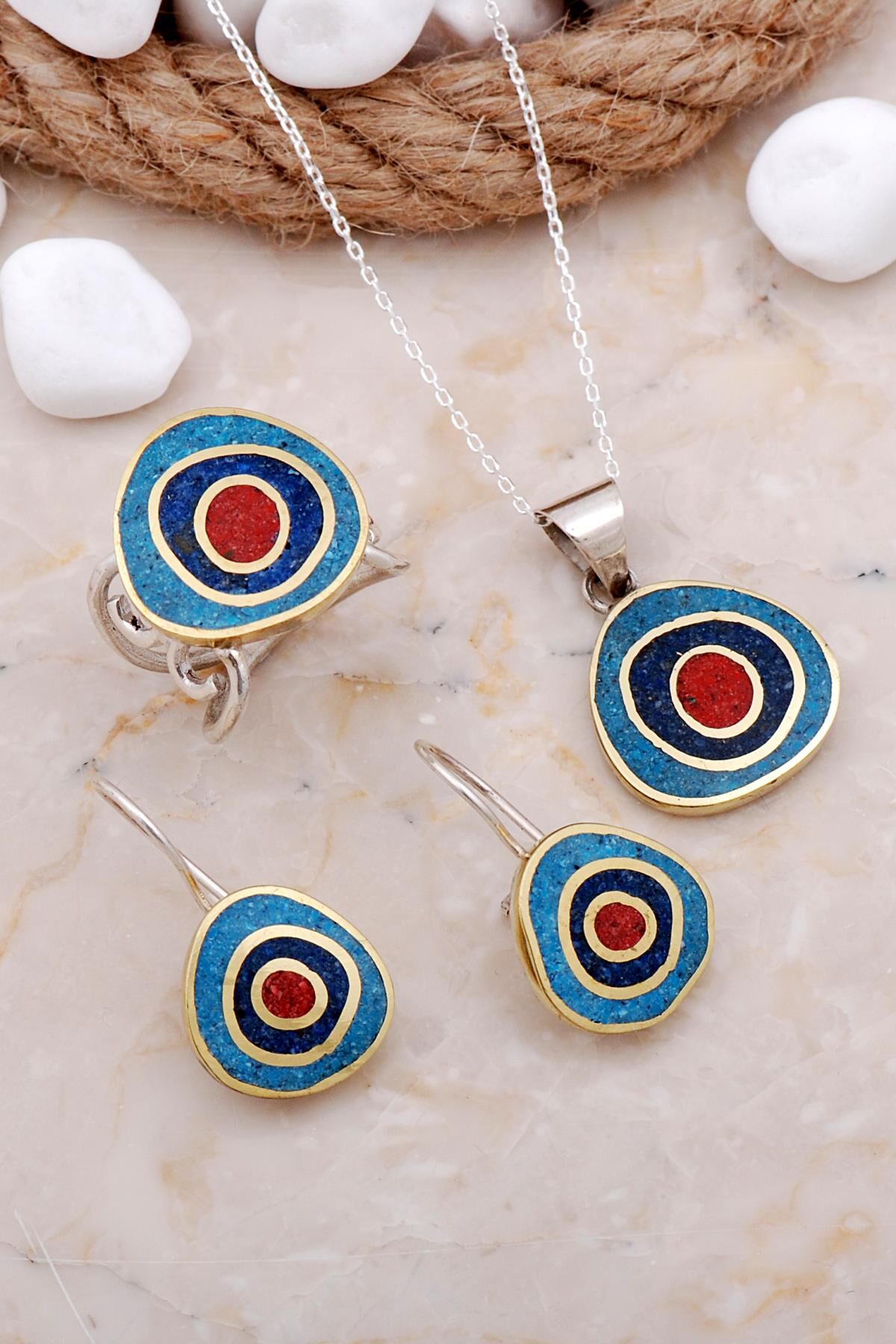 Mozaik İşlemeli Renkli Gümüş Set 2602