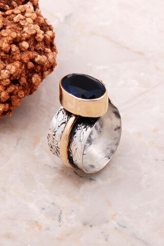 Safir Taşlı Elişi Tasarım Gümüş Yüzük 3126