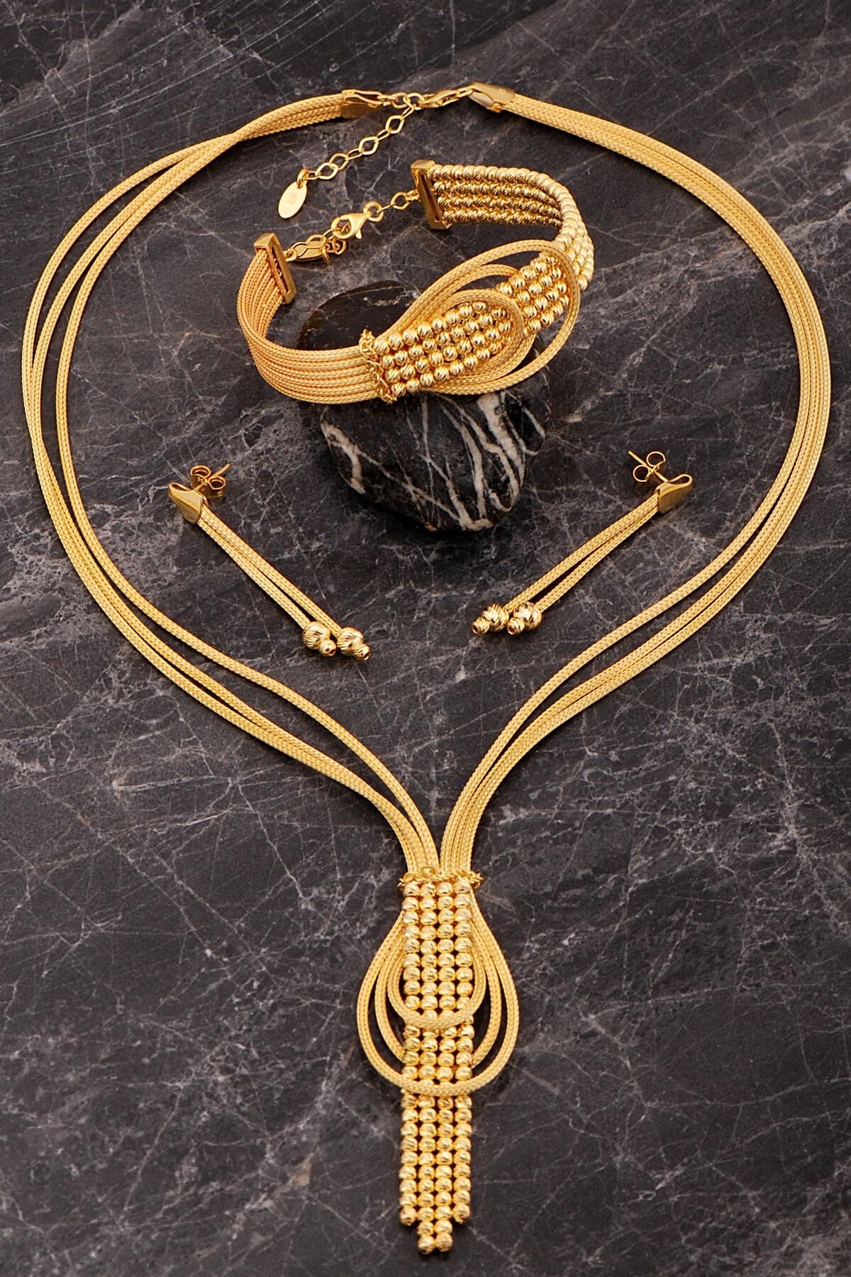 Damla Tasarım Hasır Dorika Altın Kaplama Elişi 925 Ayar Gümüş Set 2854