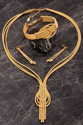 Damla Tasarım Hasır Dorika Altın Kaplama Elişi 925 Ayar Gümüş Set 2854