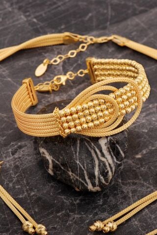 Damla Tasarım Hasır Dorissa Altın Kaplama Elişi Gümüş Set 2854