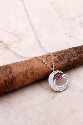 Laleli Vav Harfli Gümüş Hilal Kolye 6965