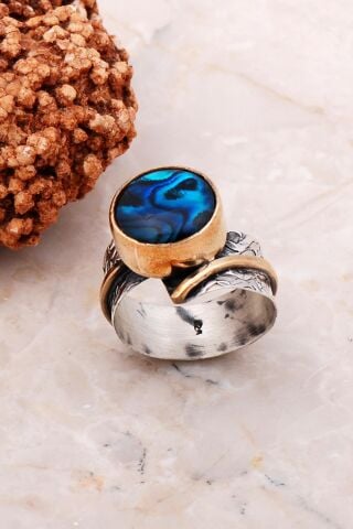 Okyanus Sedefi Taşlı Elişi Tasarım Gümüş Yüzük 3127